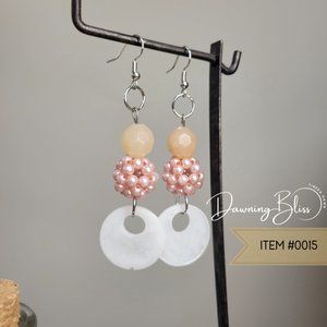 Cute Beaded and Resin Dangle Earrings- Pink, White & Silver by Tineka Dawn